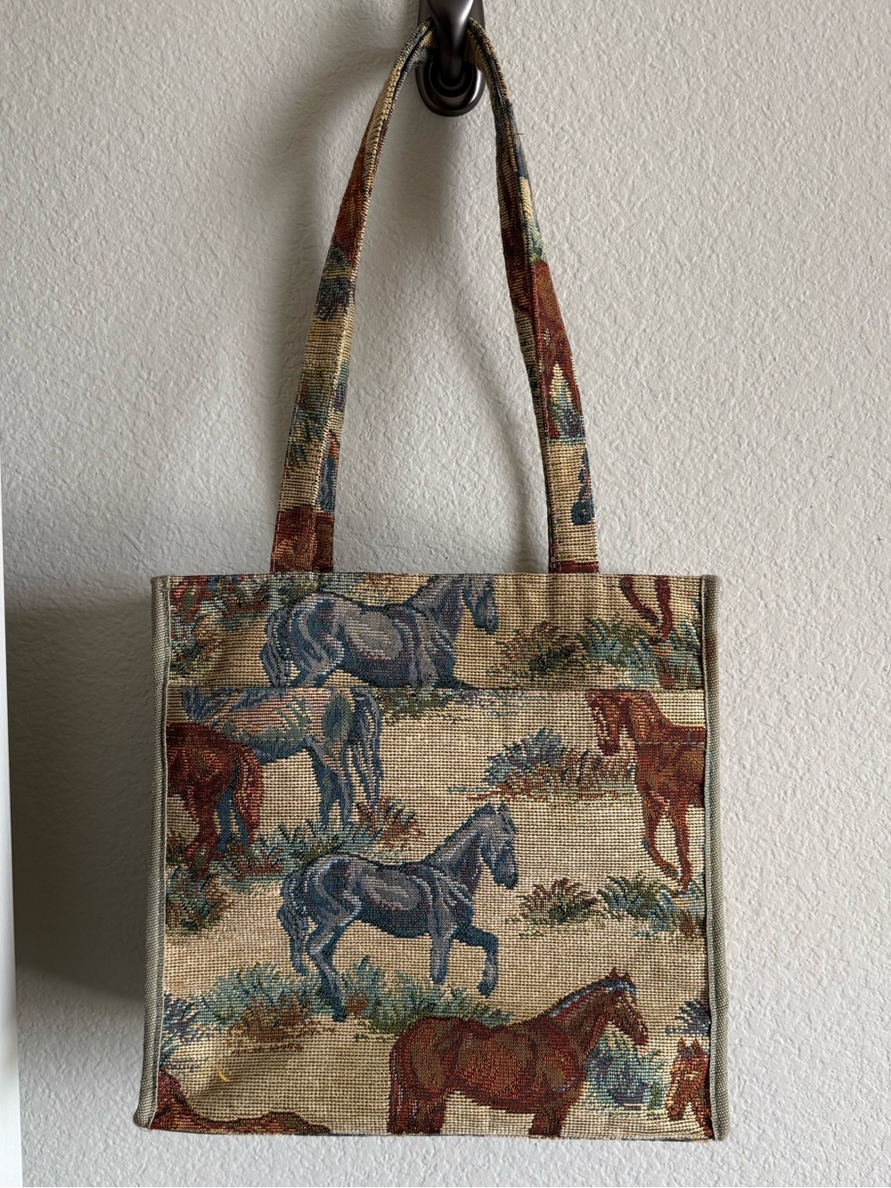Vintage Jade Equestrian Horse Tapestry Tote Woven Jacquard Shoulder Bag Purse